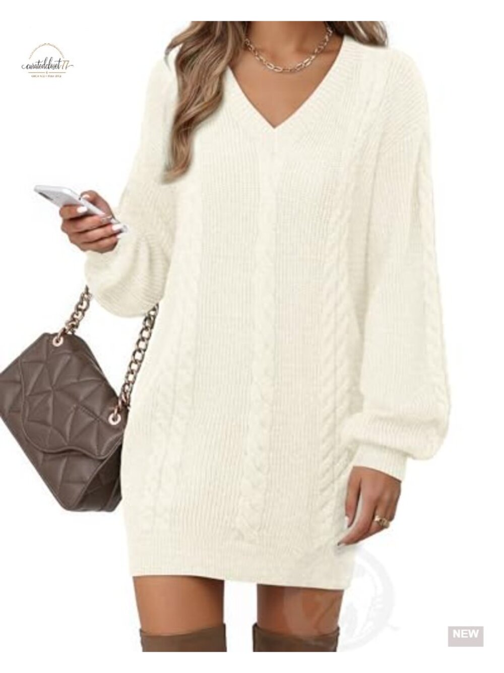 Women's V-Neck Fall Lantern Sleeve Knit Mini Sweater Dress Loose